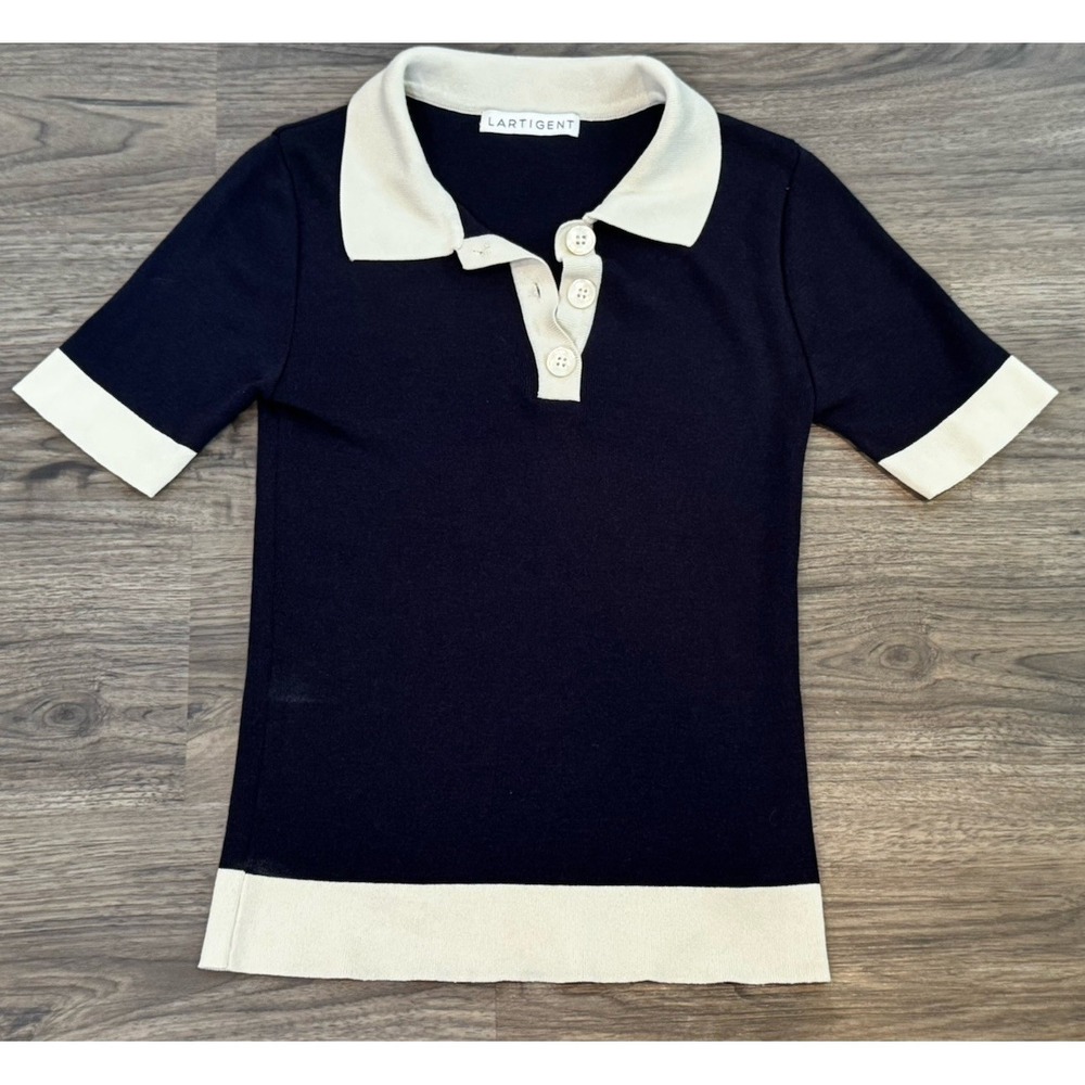 LARTIGENT Knit Polo Top Free Size Navy Cream Minimalist Quiet Luxury Chic - Picture 8 of 9